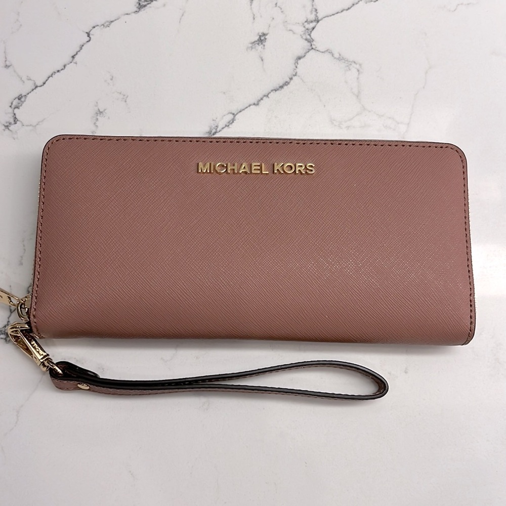 Michael Kors Leather Continental Wristlet Jet Set Travel Wallet Dusty Rose
